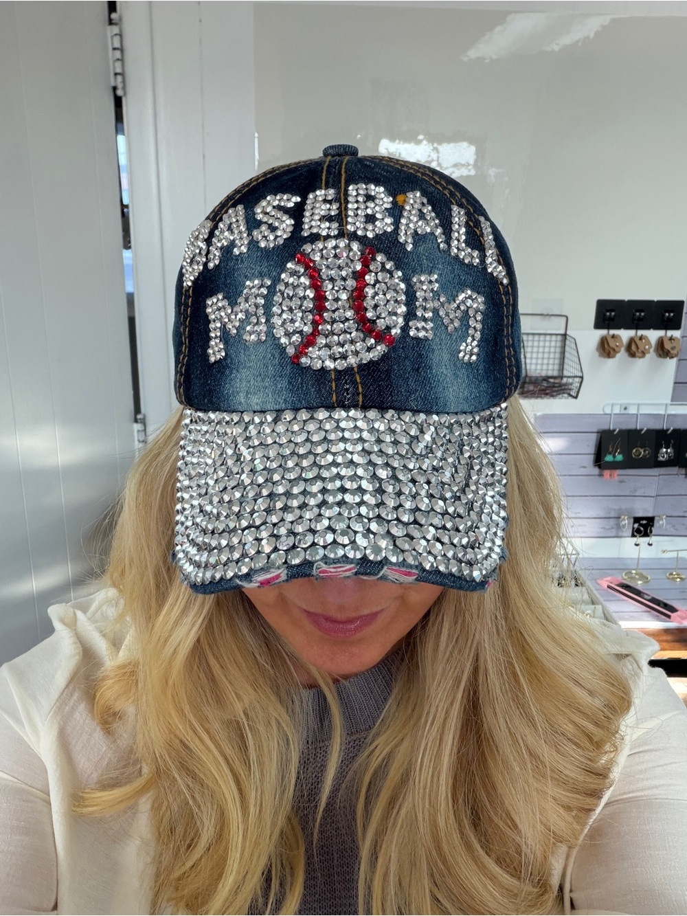 🍀3/$30 Am. Apparel Denim 'Baseball Mom' Crystal Bling Cap - Blue, Silver, Red